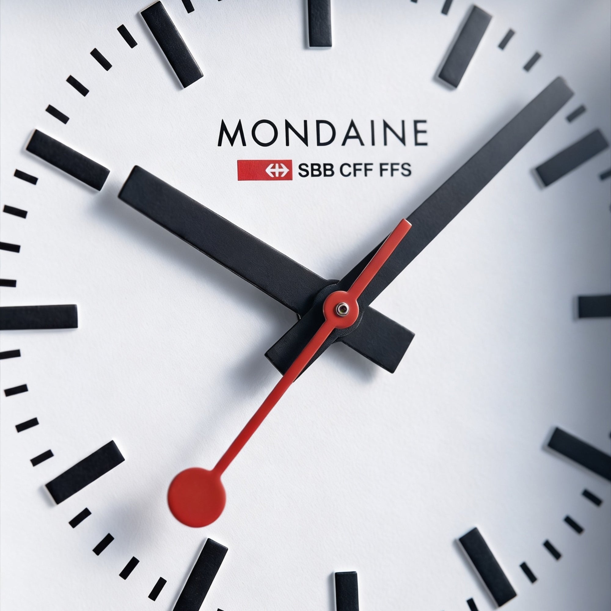White clock dial with black marks and red second hand