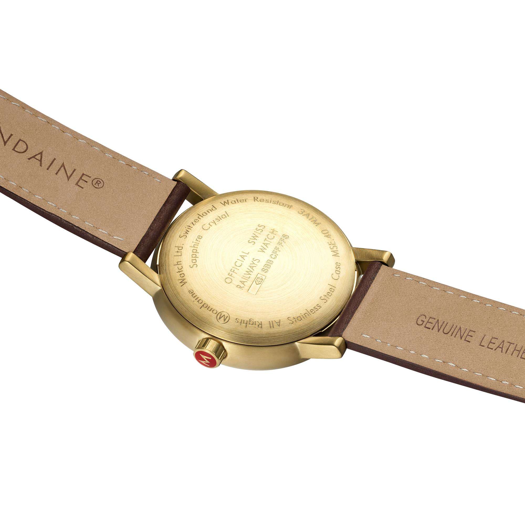 Mondaine evo2 Big Gold Plated Stainless Steel Case Brown Leather Strap White Dial Men's Watch MSE.40111.LG