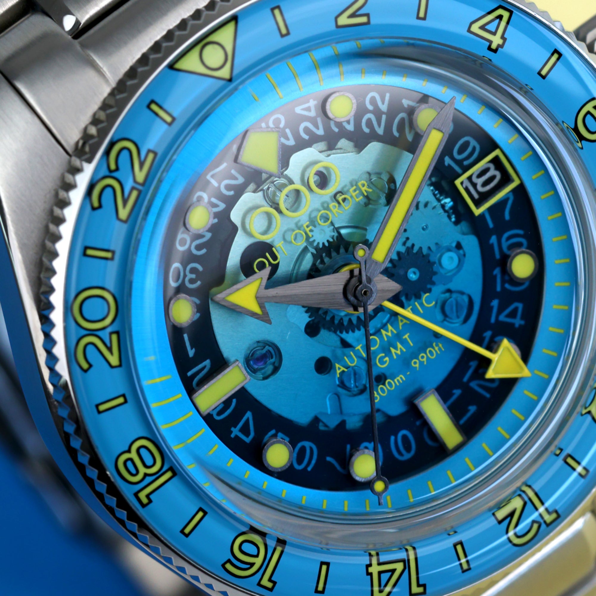 Out of Order Limited Edition Shaker Angelo Azzurro Automatic GMT Steel Strap Men's Watch OOO.001-25.AA.BAND.SS