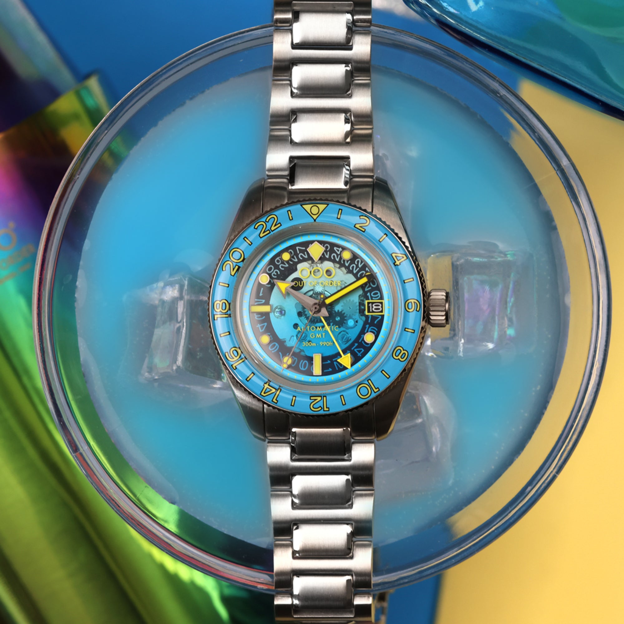 Out of Order Limited Edition Shaker Angelo Azzurro Automatic GMT Steel Strap Men's Watch OOO.001-25.AA.BAND.SS