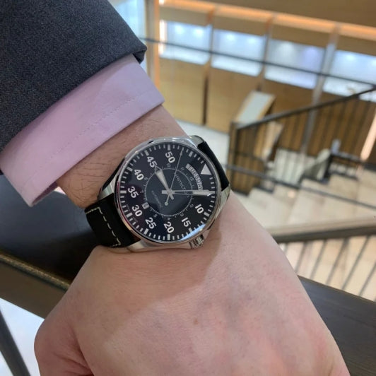 Hamilton Khaki Aviation Pilot Day Date Automatic Black Dial Black Leather Strap Men's Watch H64615735