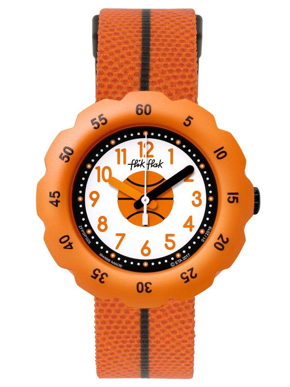 The Watch: Flik Flak Dribble Kids' Watch FPSP026This Flik Flak Dribble Kids' Watch (FPSP026) is ready for the court, with a textured fabric strap designed to look like a basketball.&nbsp;Key Features:Quartz MovementFabric StrapResin CaseWater Resistant to 30m&nbsp;The Brand: Flik FlakFlik Flak are the world’s favourite children’s watches. Founded in 1987, the brand is a division of the Swatch group, with its use of the brother and sister pairing of Flik and Flak throughout the collection ensuring that learn