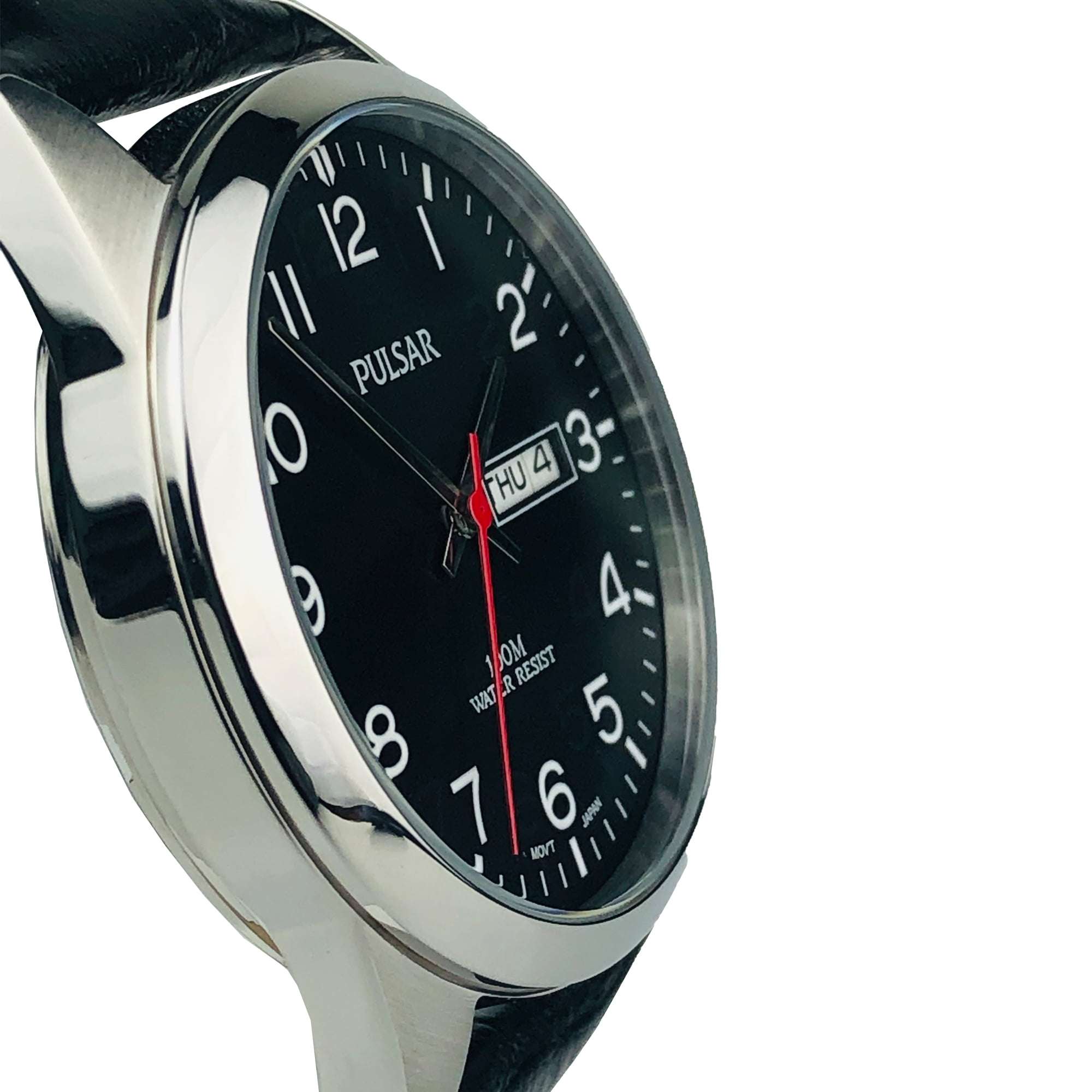 Pulsar Classic Quartz Silver Stainless Steel Case Black Leather Strap Men's WatchThis Pulsar Classic Quartz Silver Stainless Steel Case Black Leather Strap Men's Watch is an excellent addition to the classic range. A simplistic black dial shows the Pulsar logo at the 12 o'clock position with a day and date window at 3 o'clock. The hands are complimented by white Arabic indexes and powered by a strong Japanese quartz movement. Furthermore, the dial is protected by mineral glass and a silver stainless steel c