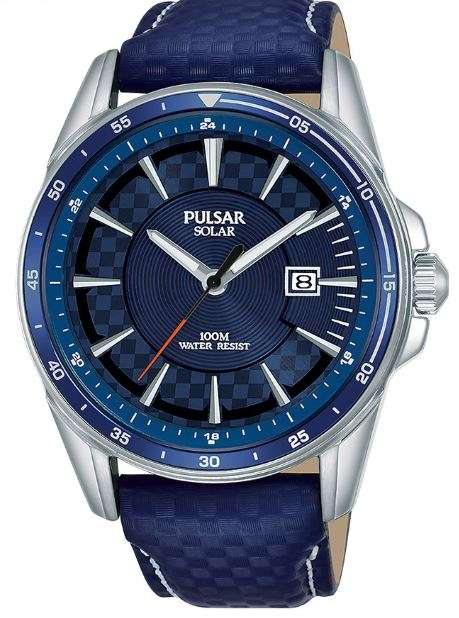 Pulsar Accelerator Solar Blue Leather Strap Silver Stainless Steel Case Men's Watch PX3205X1