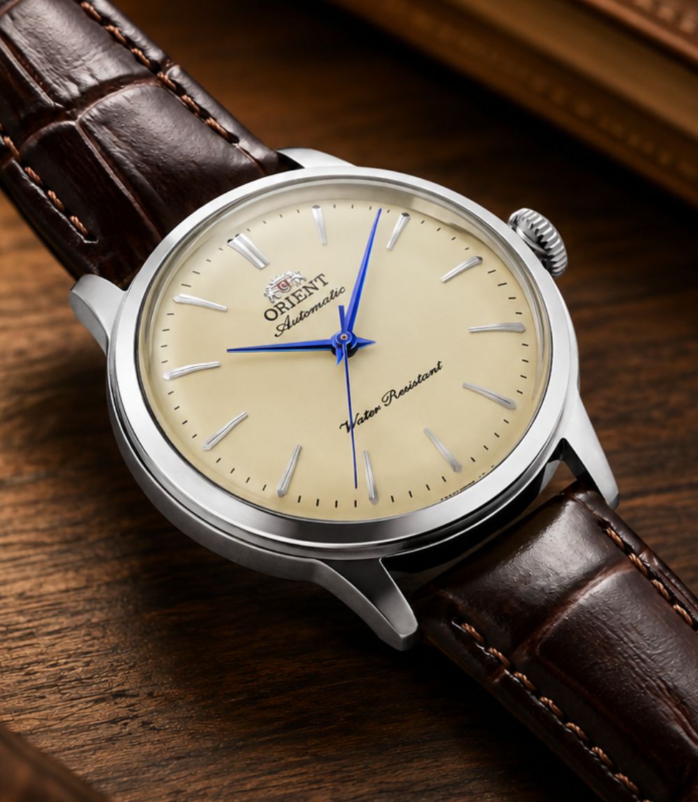 Orient Bambino 36mm dress watch, Orient featuring a cream dial with metallic blue hands and a brown leather strap