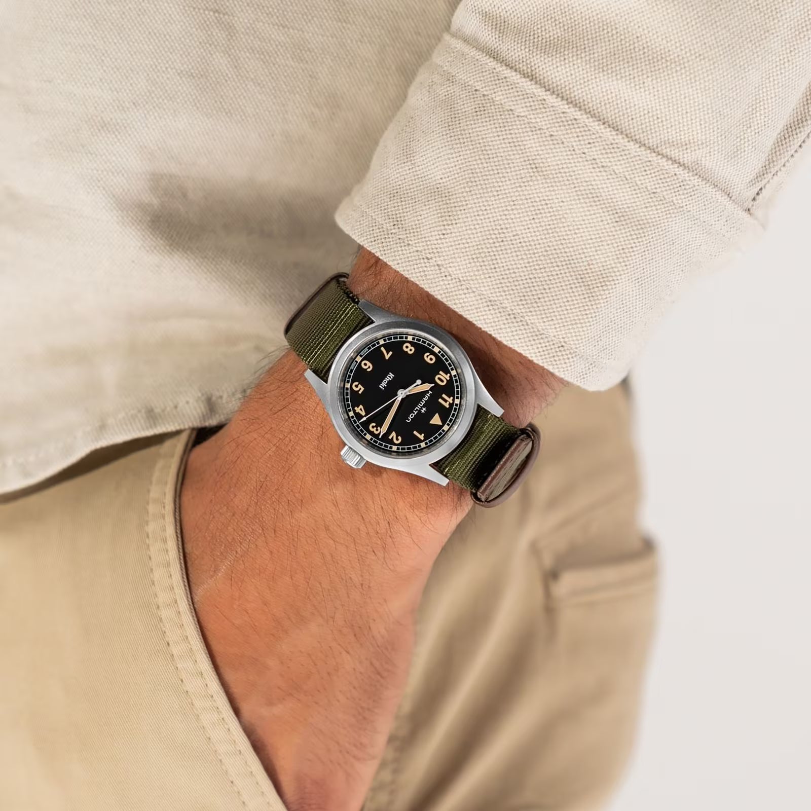 Hamilton Khaki Field Quartz Black Dial Green Textile Strap Unisex Watch H69401930
