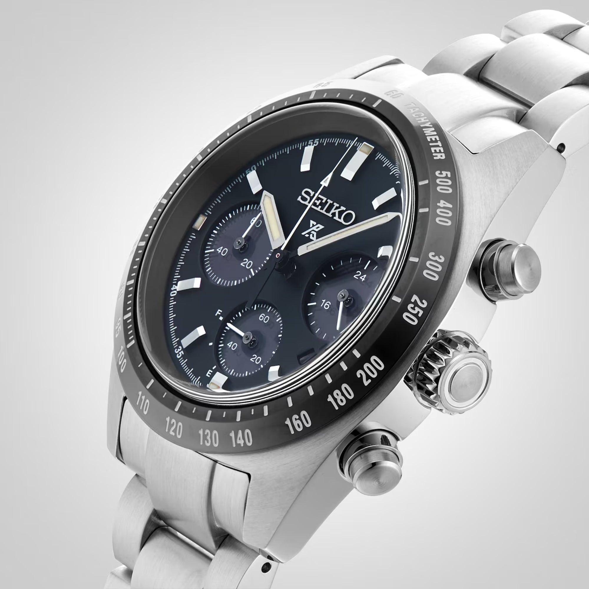 Seiko Prospex Speedtimer Chronograph Solar Quartz Black Dial Steel Bracelet Men's Watch SSC819P1