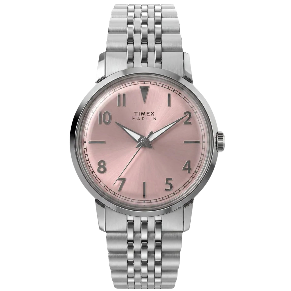 Timex Marlin TW6A03900 front view displaying sunray pink dial with Arabic numerals and steel bracelet