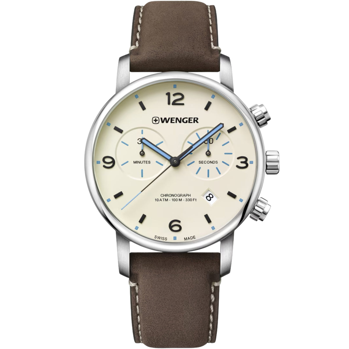 Wenger Metropolitan chronograph watch with cream dial, brown leather strap, and silver case