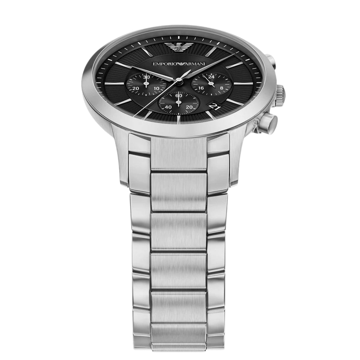 Overhead shot of the Emporio Armani Archetipo AR11819 watch displaying the black sunray-effect dial and steel bracelet