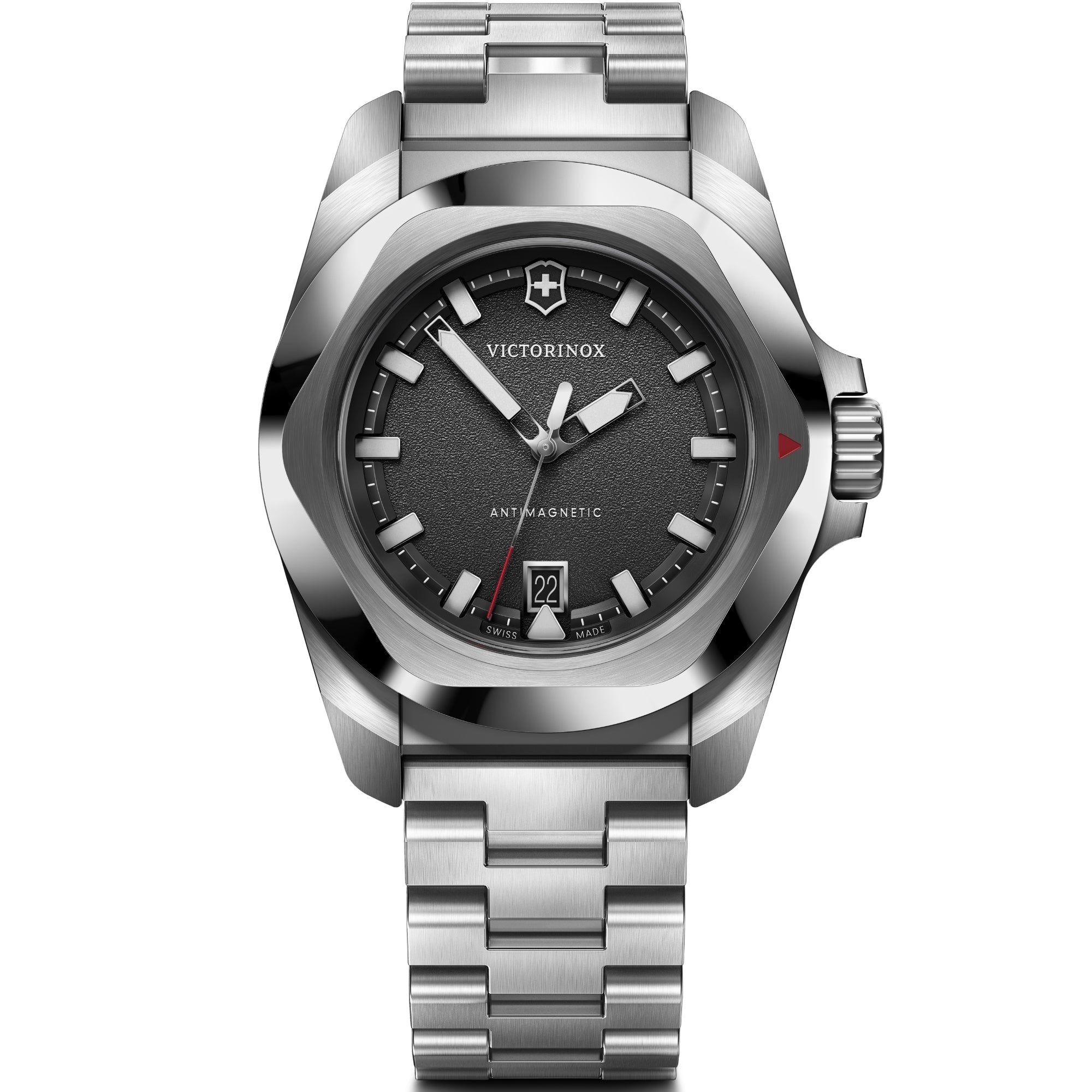 Victorinox I.N.O.X. 41mm Quartz black dial steel bracelet watch 242030 front view