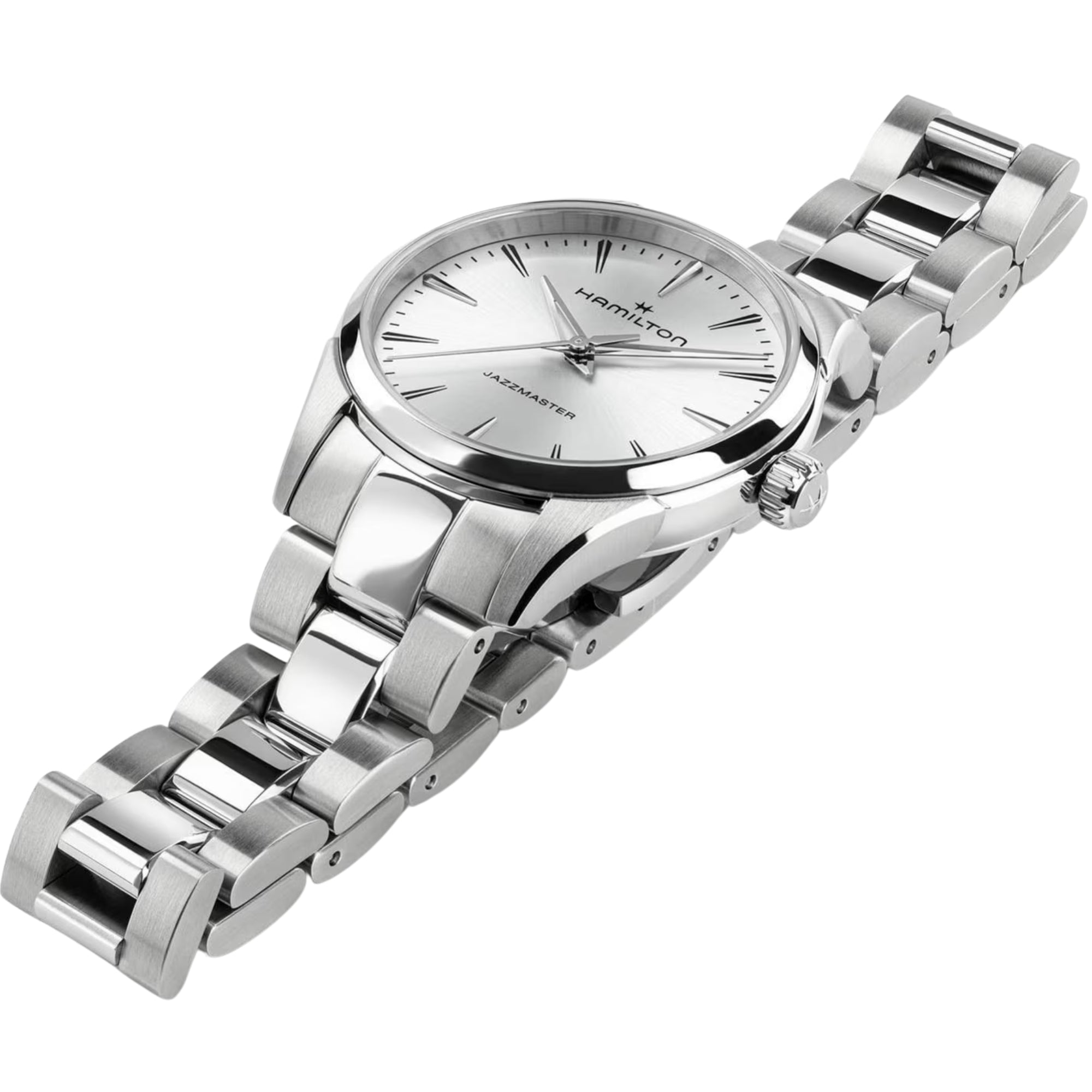 Hamilton Jazzmaster watch with a silver dial and stainless steel bracelet