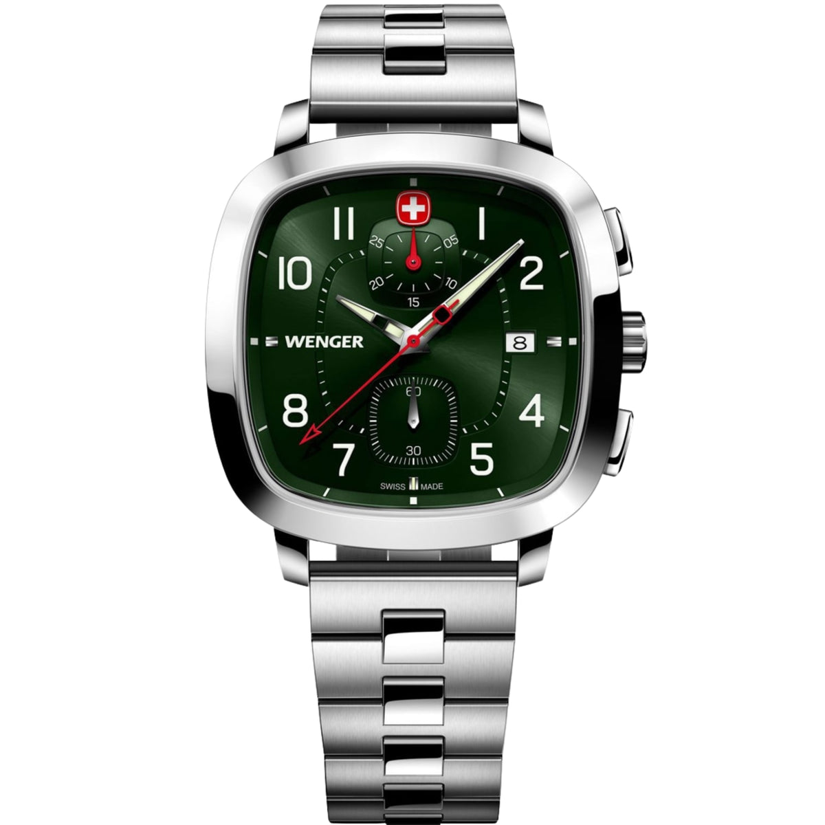 Wenger Vintage Sport 01.1933.112 front view of 39.5mm green dial mens quartz watch with sub-dials and steel bracelet