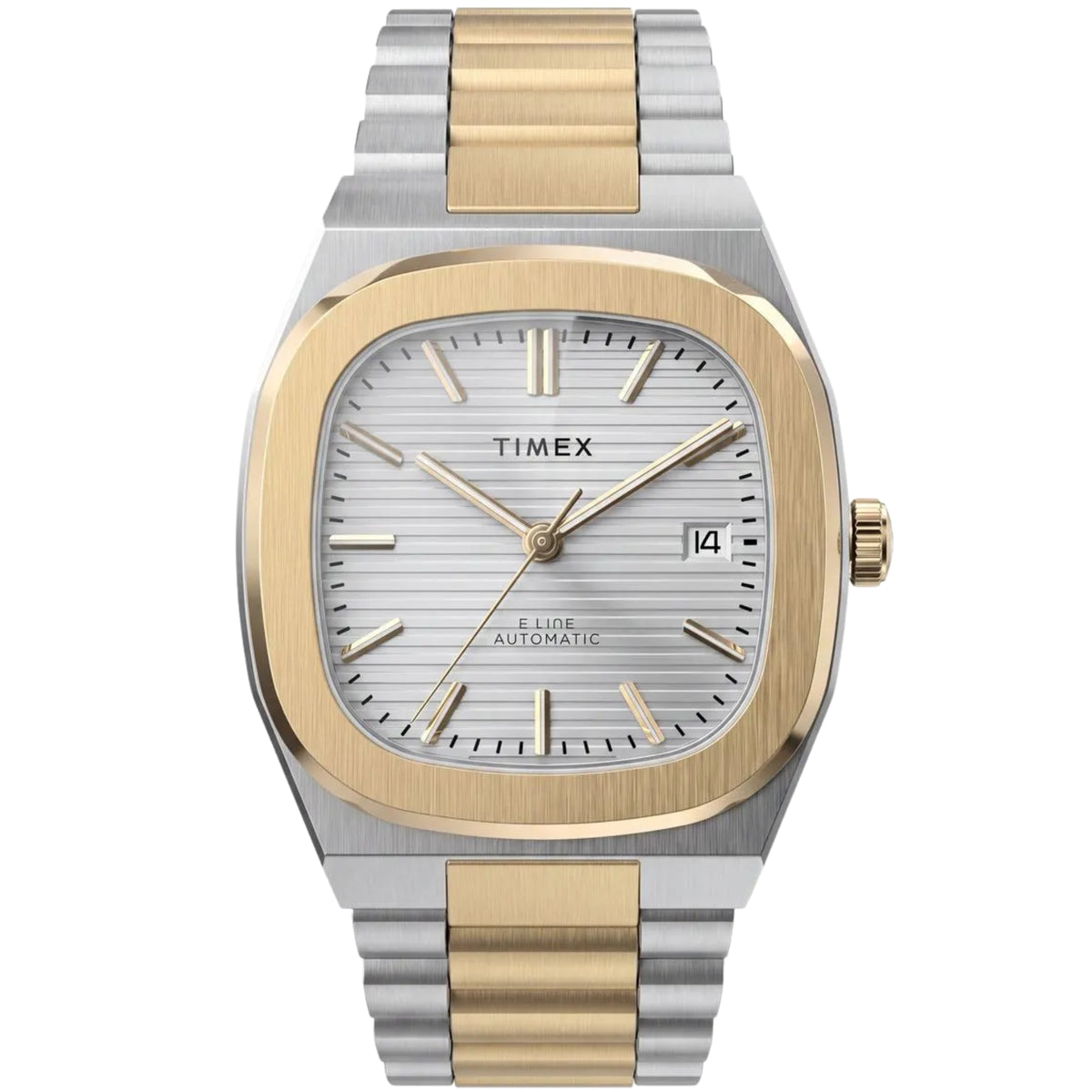 Timex E Line TW6A00600 front view displaying silver horizontal textured dial with two-tone cushion case and bracelet