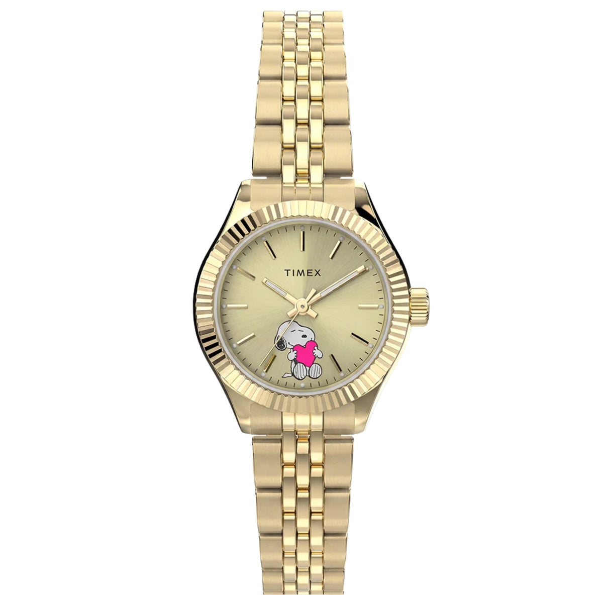 Timex Peanuts Legacy TW6A07400 front view displaying gold dial with Snoopy heart graphics, fluted bezel, and yellow gold-tone steel bracelet