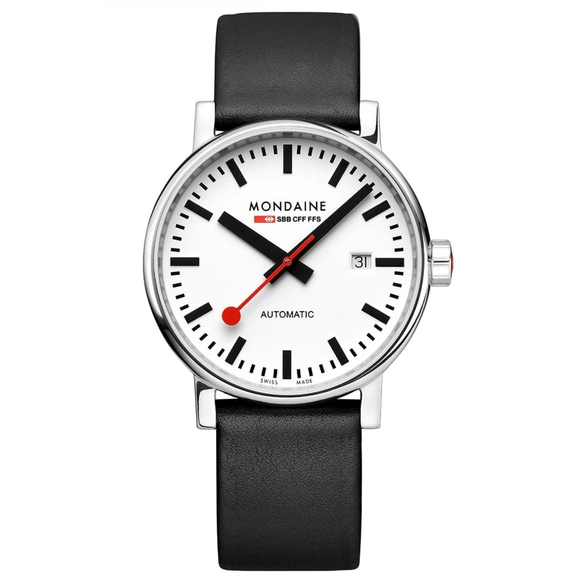 Mondaine Evo2 men’s automatic watch with white dial, black leather strap, silver case