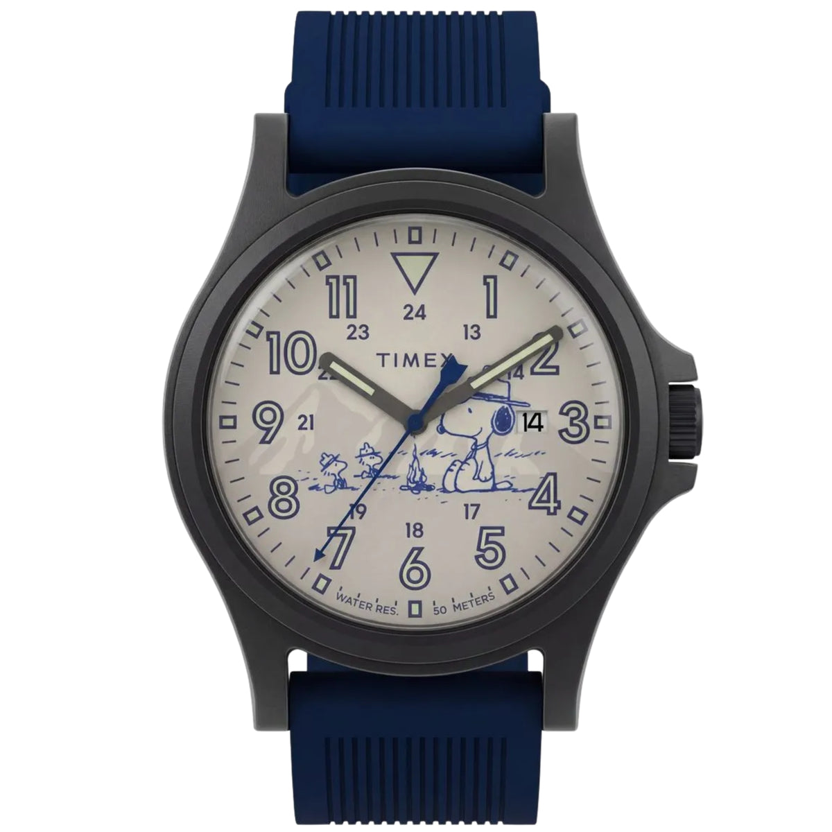 Timex Peanuts x Expedition Acadia TW2Y84700 front view displaying cream dial with Snoopy campfire graphic, date window, and silicone strap