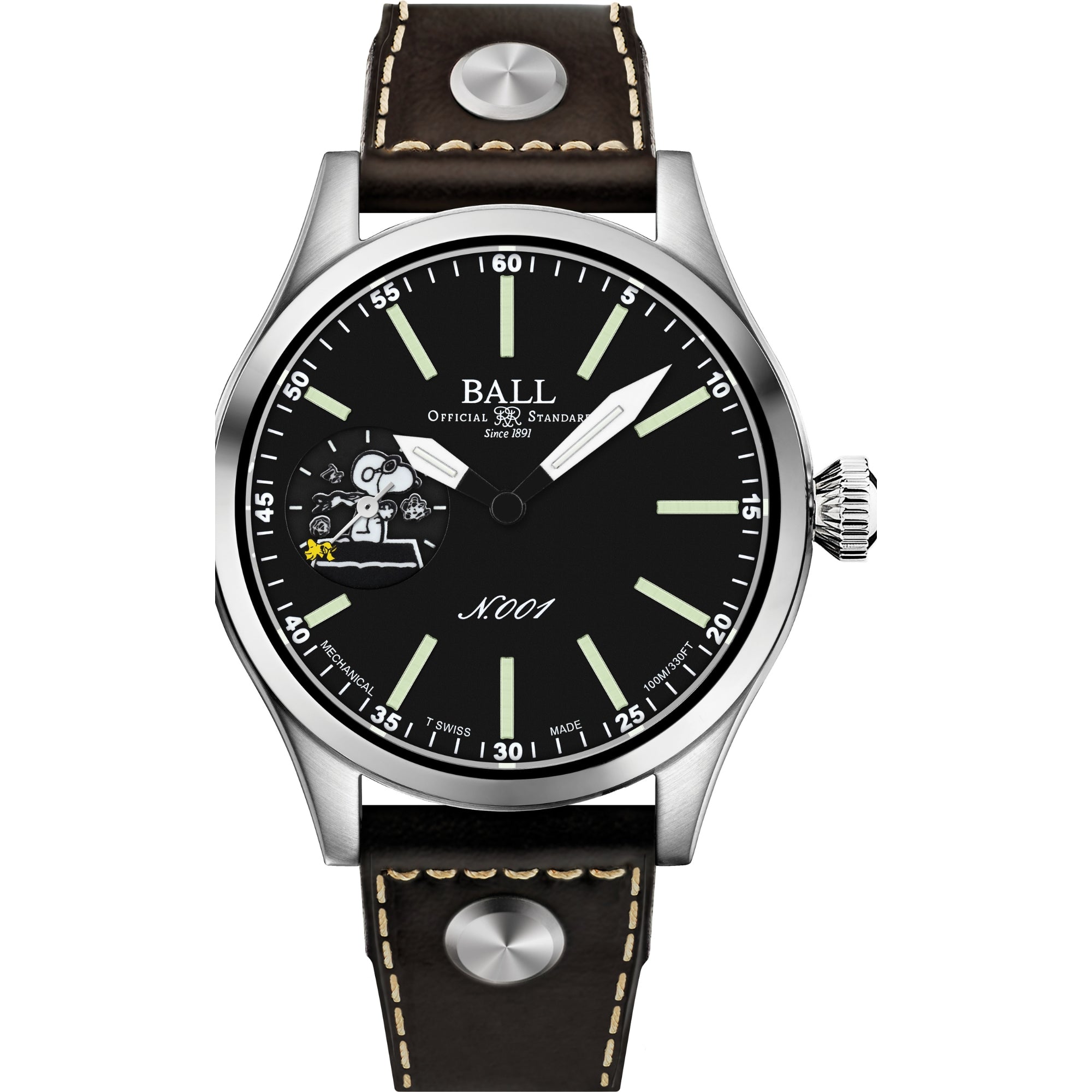 BALL Engineer Master II 46mm Snoopy Flying Ace Limited Edition Black Dial Leather Mens Manual-Wind Watch NM2638C-L2J-BK