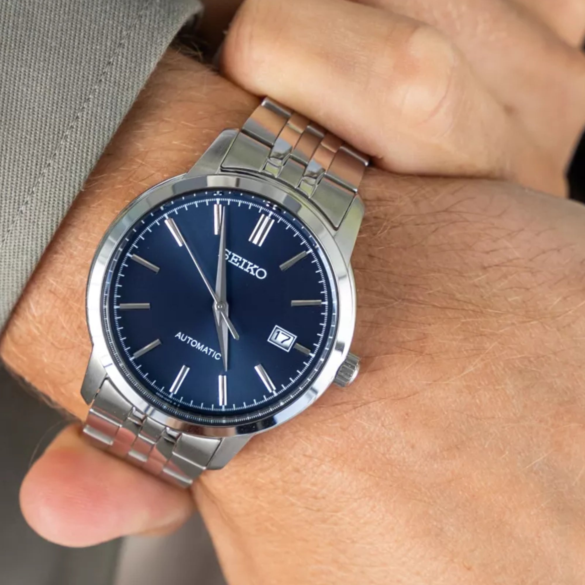 Seiko Essentials 41mm Blue Dial Steel Mens Automatic Watch SRPH87K1