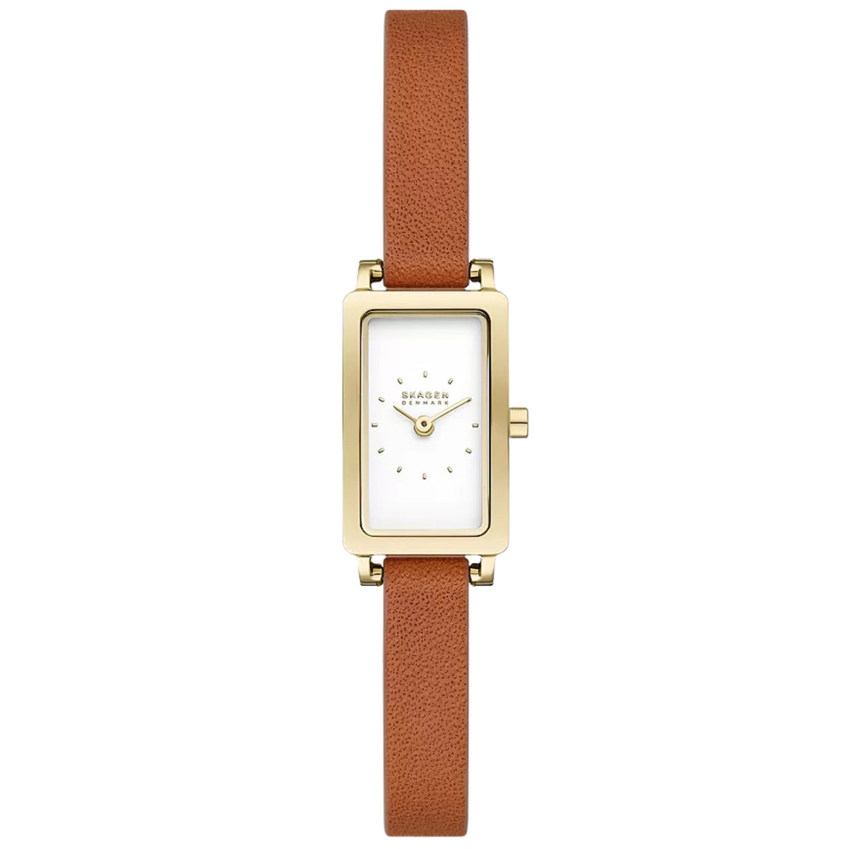 Reloj para mujer Skagen Hagen Micro con esfera rectangular blanca y correa de cuero marrón SKW3149