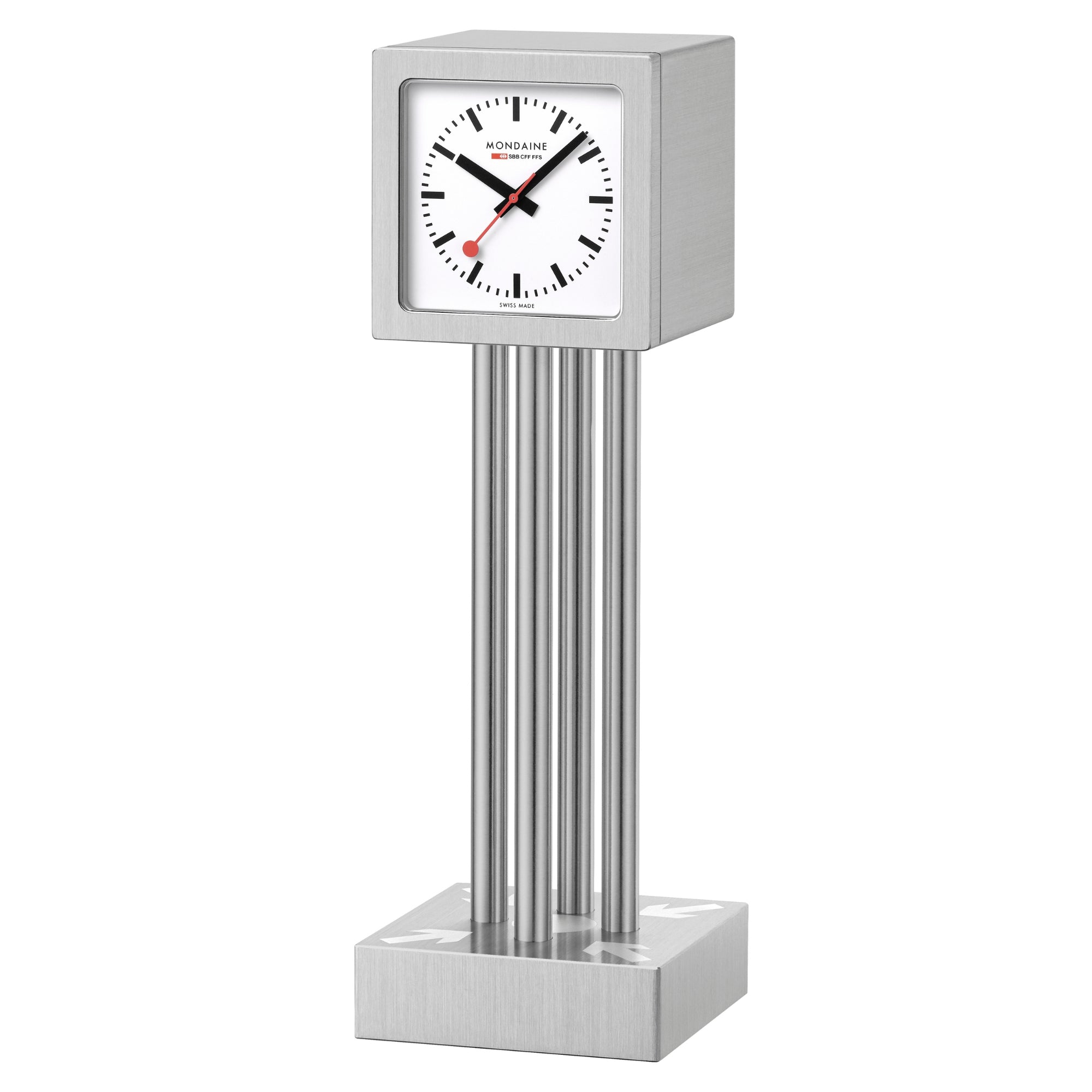 Square aluminum case miniature table clock with white dial and red hands