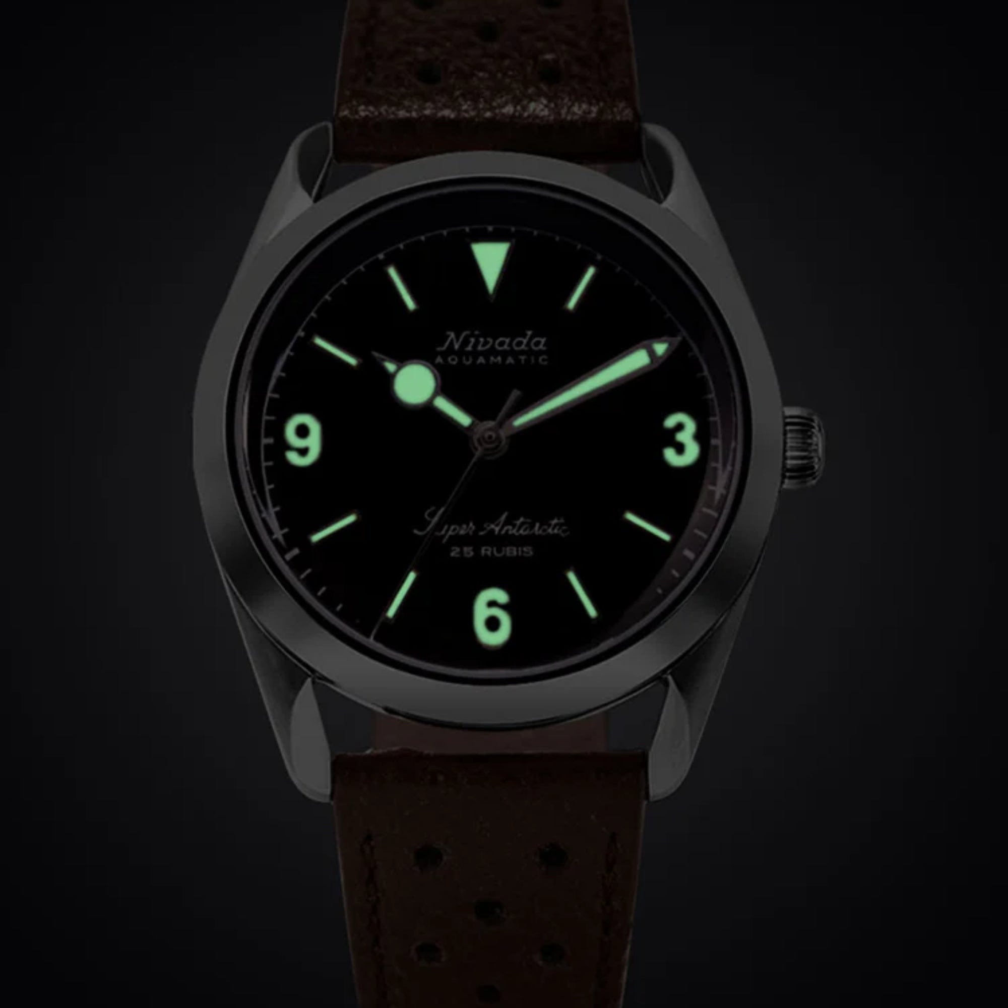 Nivada Grenchen Super Antarctic 3.6.9 38mm White Luminous Black Dial Leather Mens Automatic Watch 32039A10