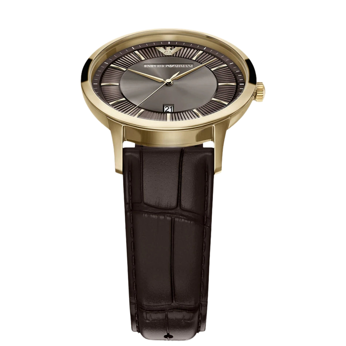 Overhead view of the Emporio Armani Archetipo AR11824 watch showcasing the 39mm brown dial, gold hands, and brown strap