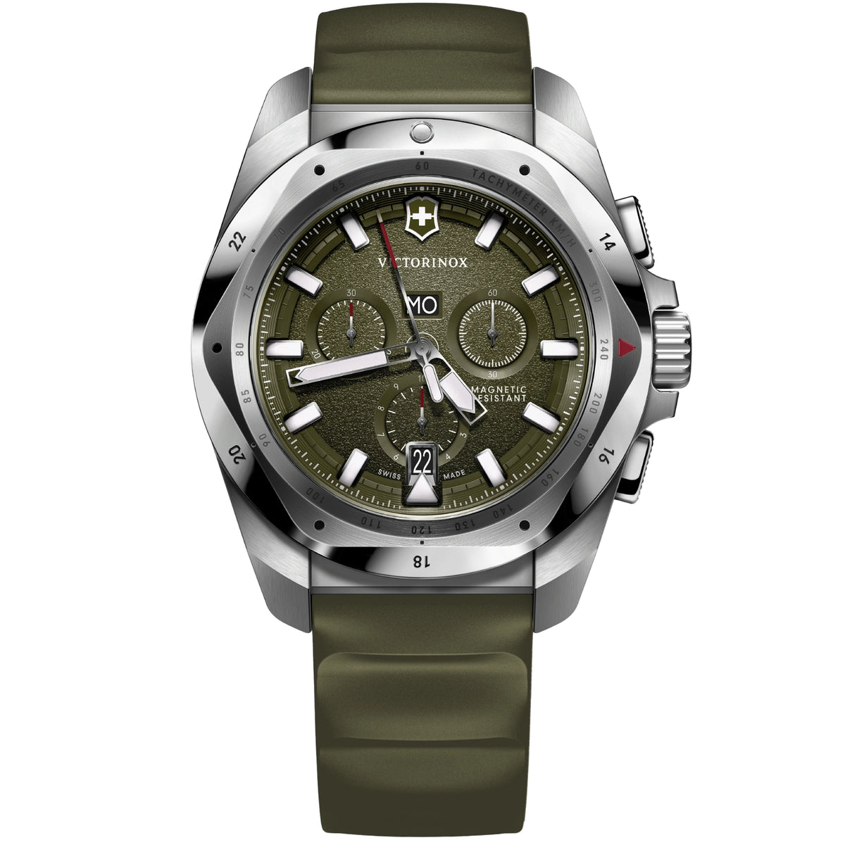 Victorinox I.N.O.X. 242081 43mm quartz mens watch front view showing green dial, chronograph sub-dials, and green rubber strap