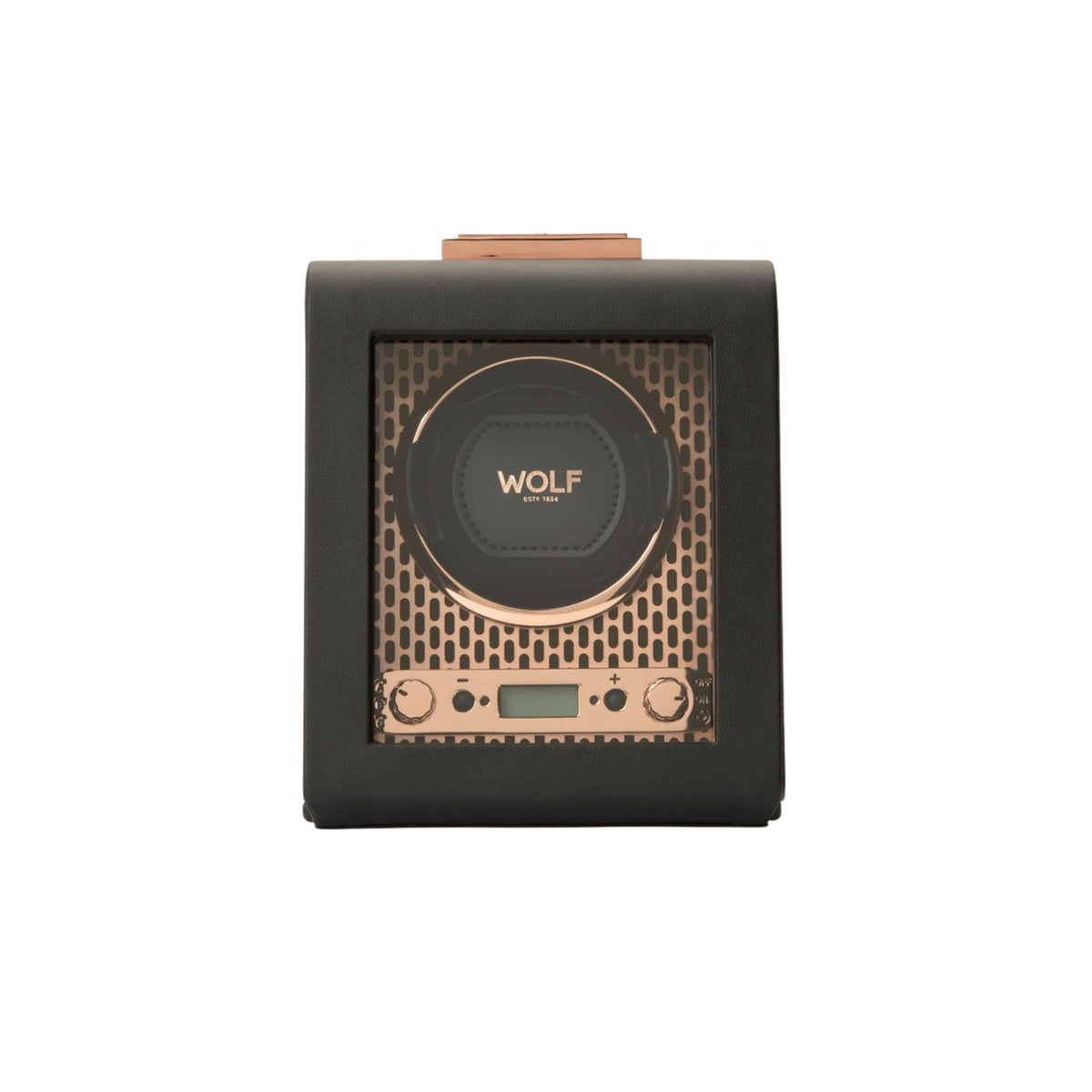 WOLF Axis single watch winder in black with copper dial and display window