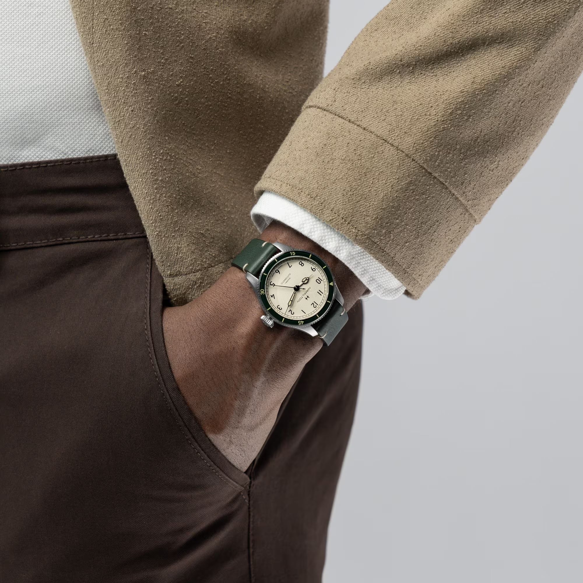 Hamilton Khaki Aviation Pilot Pioneer eggshell white dial watch worn on wrist H76255810