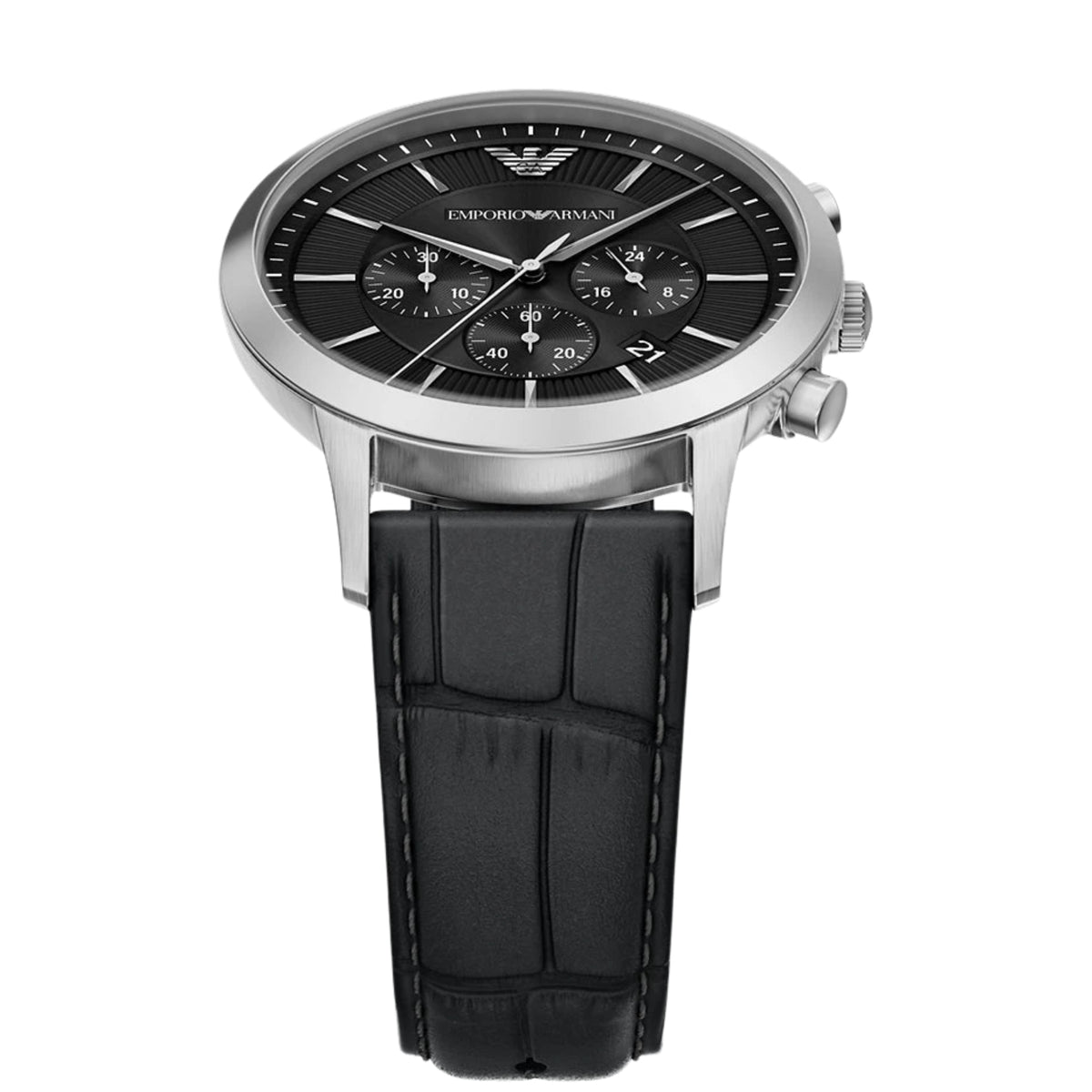 Overhead shot of the Emporio Armani Archetipo AR11820 watch displaying the black sunray-effect dial and black leather strap