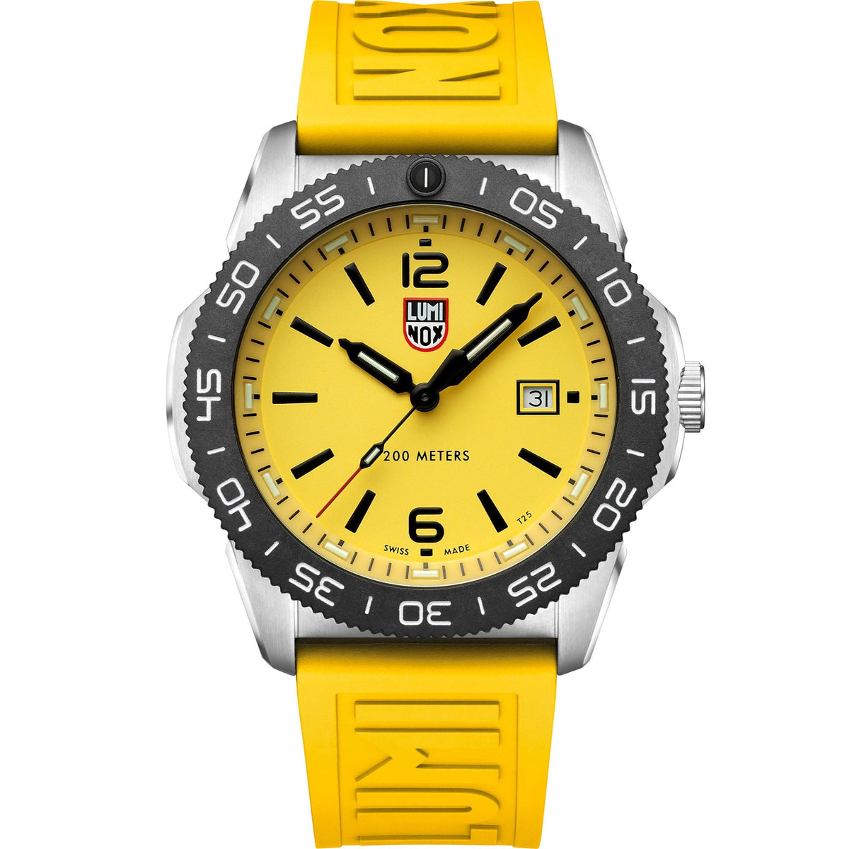 Luminox Pacific Diver 3120 Series XS.3125 mens quartz watch front view featuring a yellow dial and yellow rubber strap