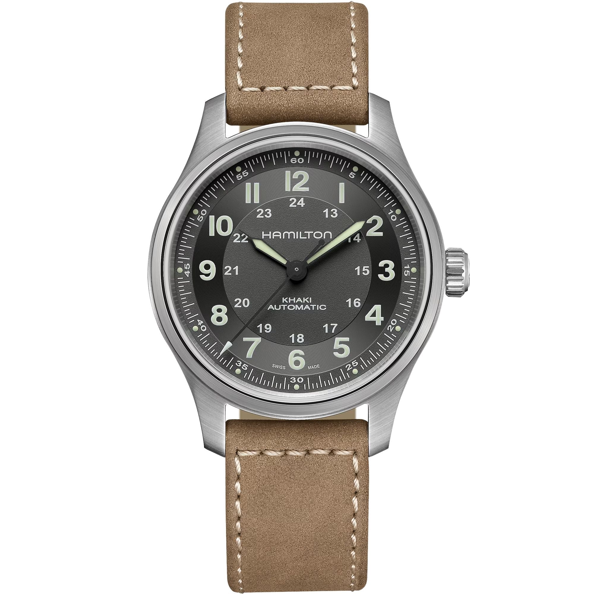 Reloj automático para hombre Hamilton Khaki Field de 42 mm con esfera negra y correa de cuero H70545550