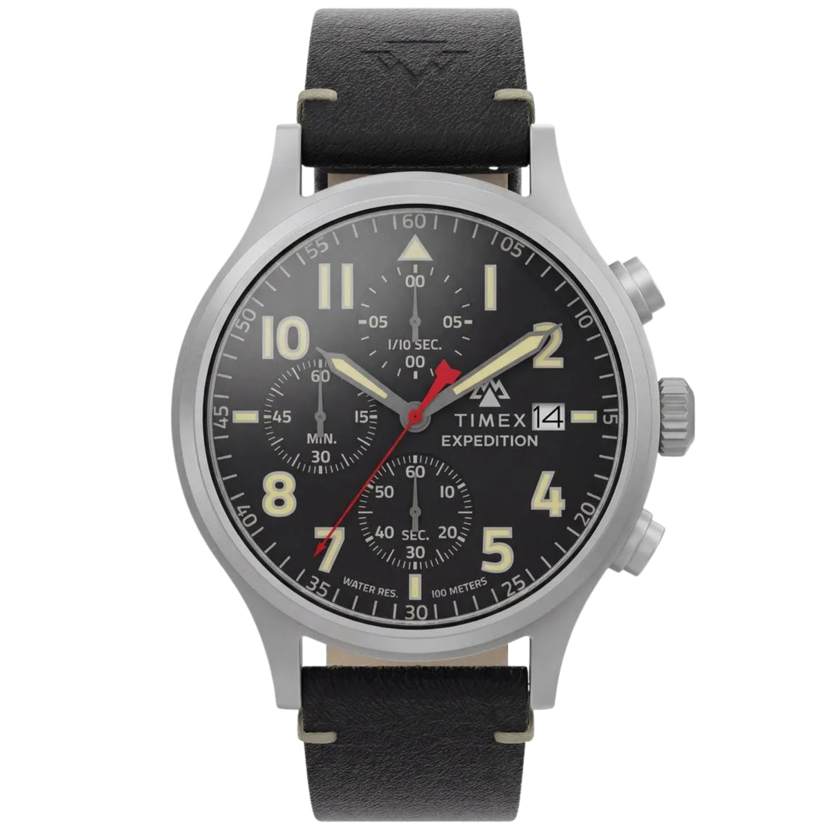 Timex Expedition Sierra TW2Y89200 front view displaying black dial with chronograph sub-dials, date aperture, and black leather strap   