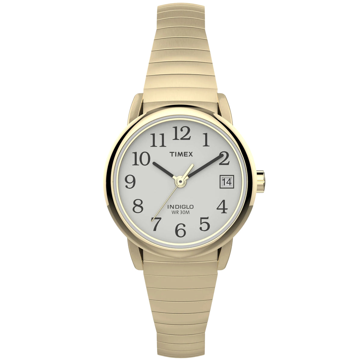 Timex Easy Reader T2H351 front view displaying white dial with Arabic numerals, date window, and yellow gold-tone steel expansion band