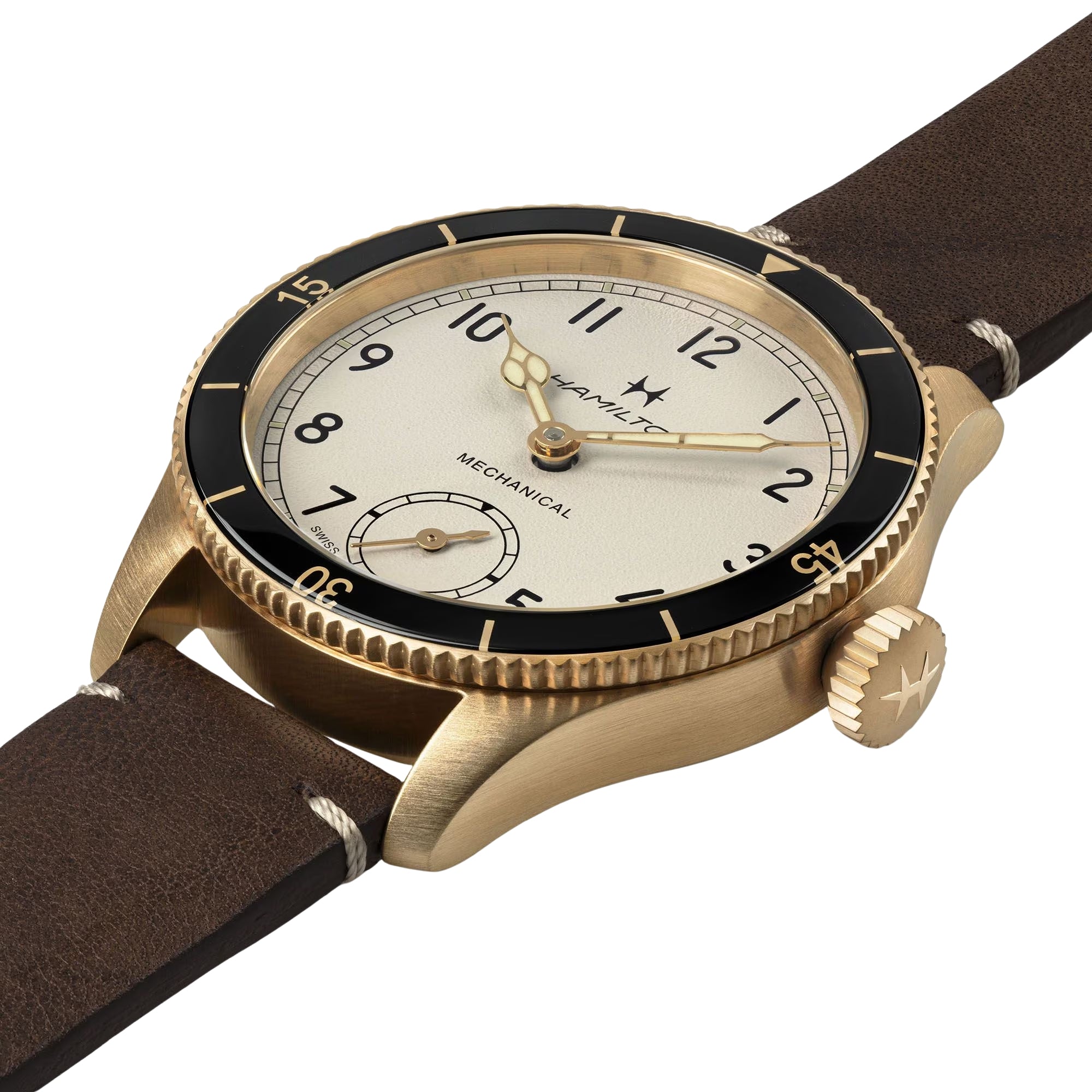 Hamilton Khaki Aviation H76709510 Pioneer mechanical watch with a bronze case and brown leather strap.