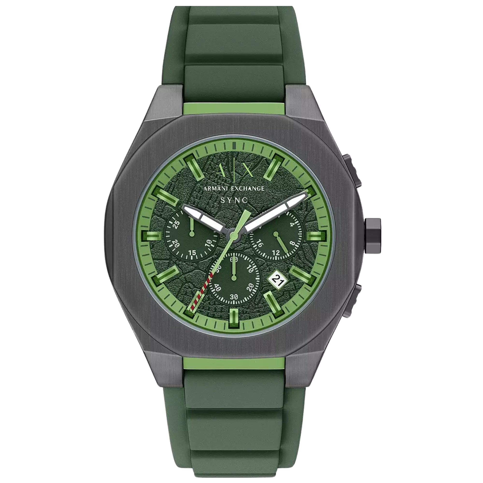 Armani Exchange Sync 44mm Chronograph Green Dial Silicone Mens Quartz Watch AX4292