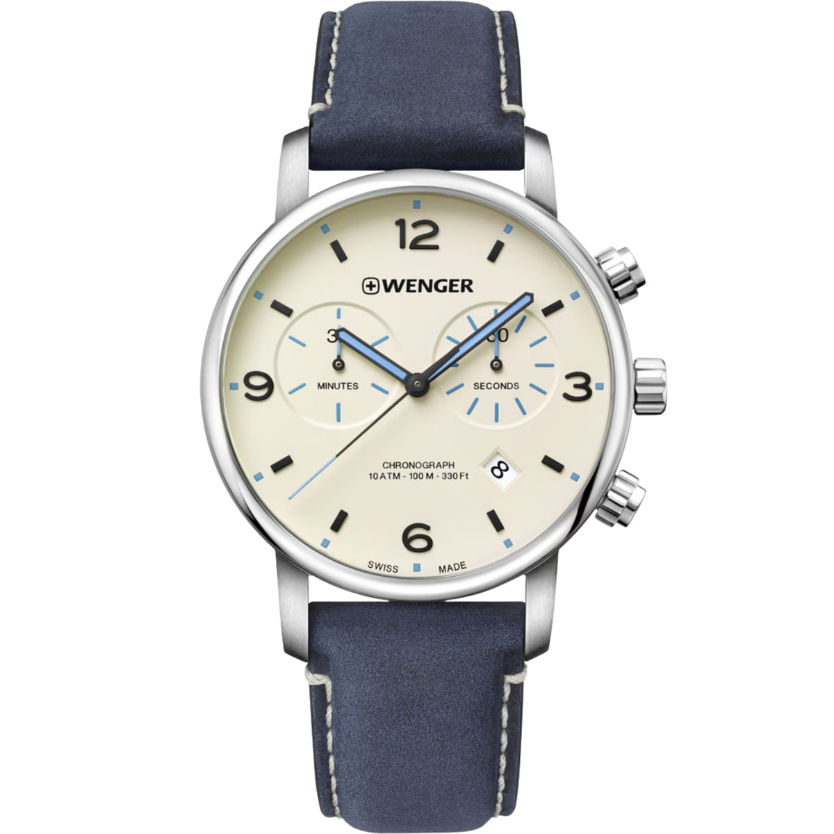 Wenger Urban Metropolitan 01.1743.119 front view of 44mm chronograph cream dial mens quartz watch with leather strap