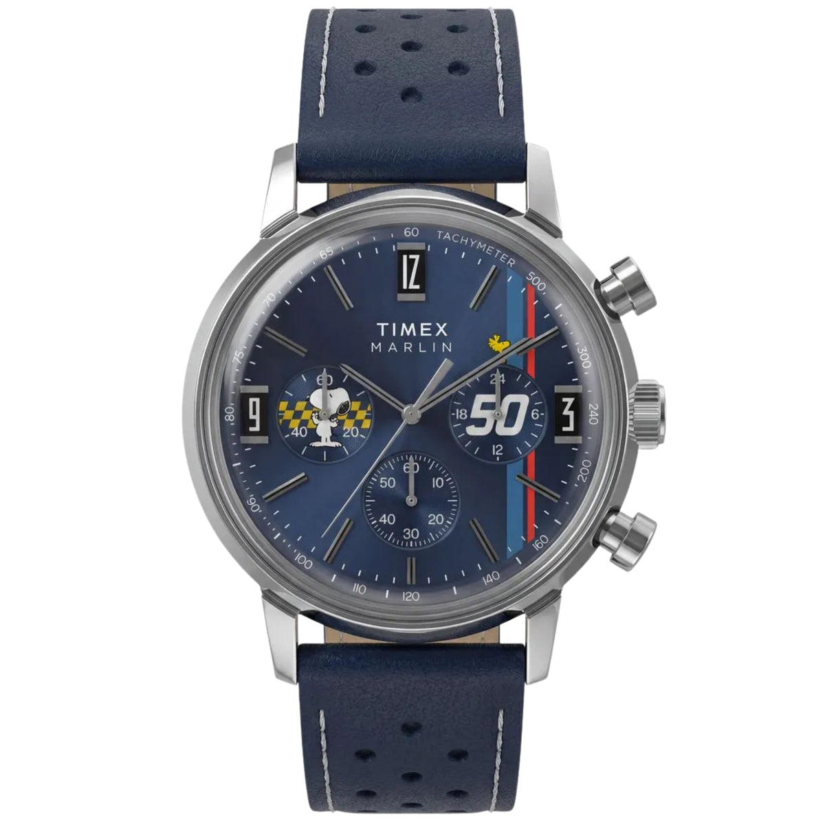 Timex Peanuts x Marlin TW2Y85300 front view displaying blue dial with Snoopy character, sub-dials, racing stripes, and perforated leather strap