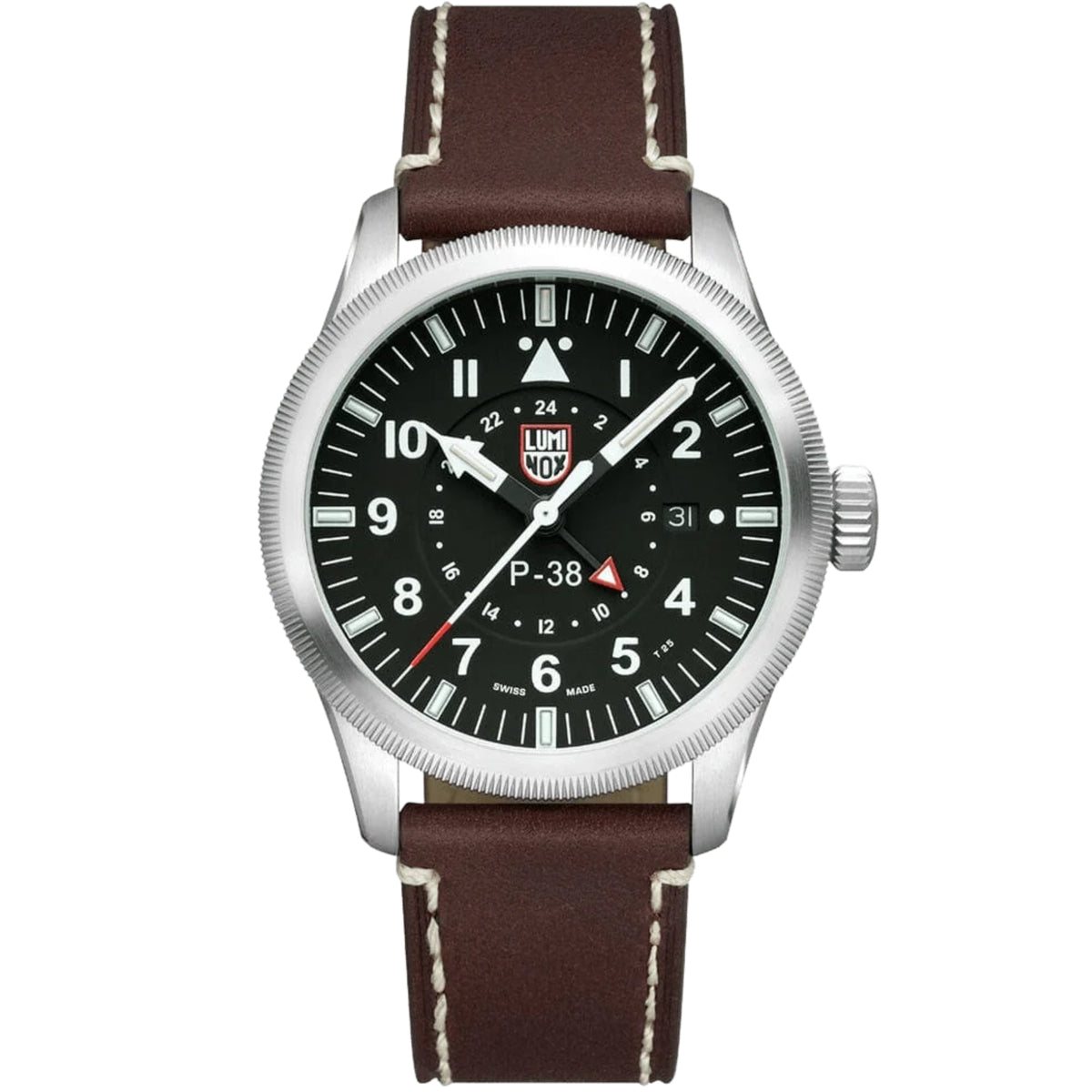 Orologio da uomo Luminox Air Pilot P-38 Lightning GMT con quadrante nero e cinturino in pelle marrone XA.9521