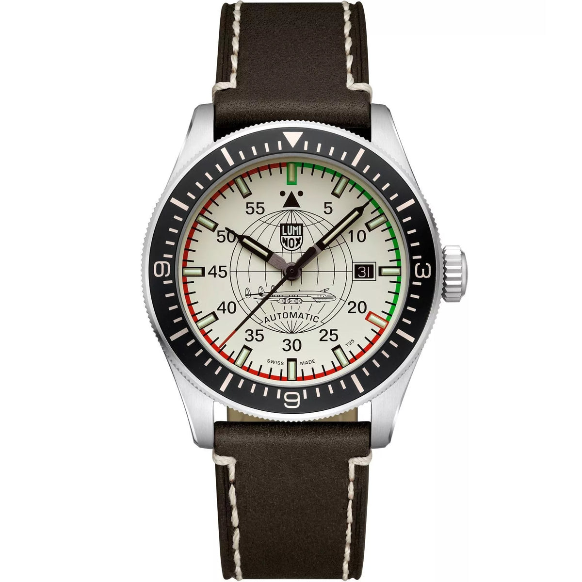 Luminox Constellation XA.9607 mens watch front view showing cream dial and brown leather strap