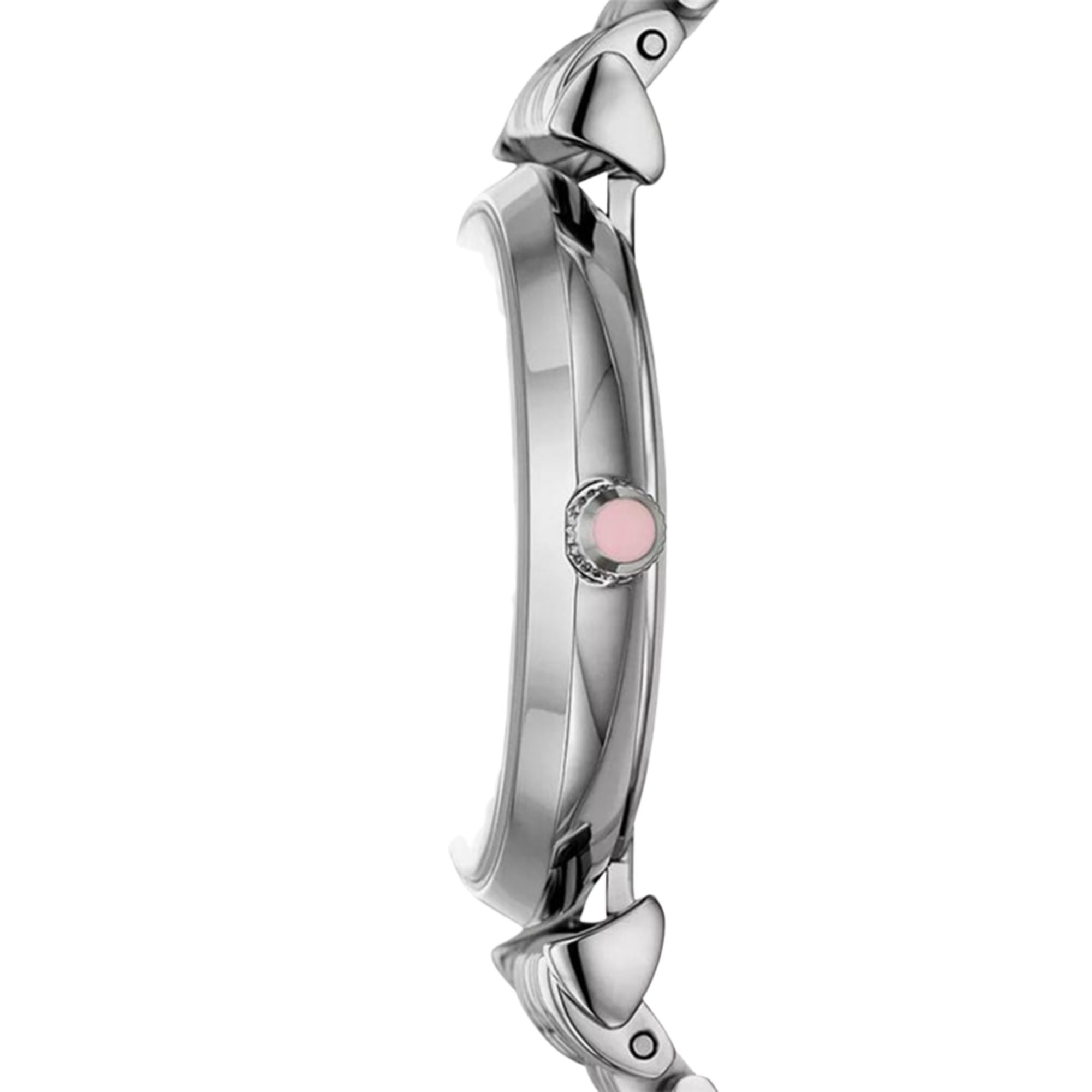 Ladies steel quartz watch side profile with pink dial and crown, linked bracelet