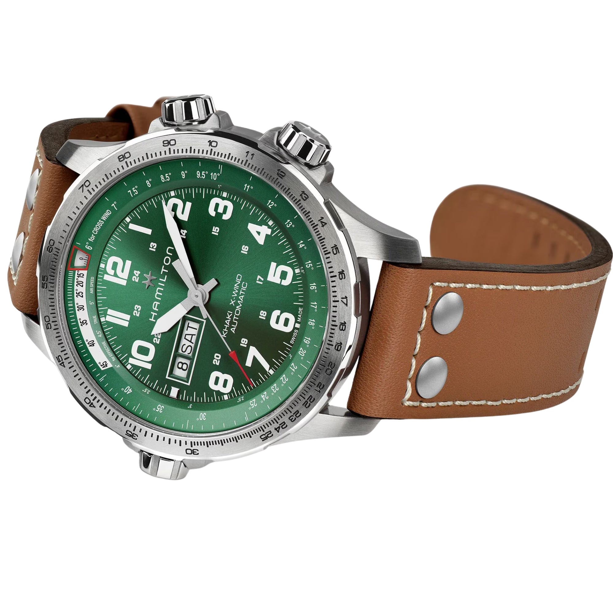 Hamilton Khaki Aviation H77735560 case and brown leather strap and H-buckle detail