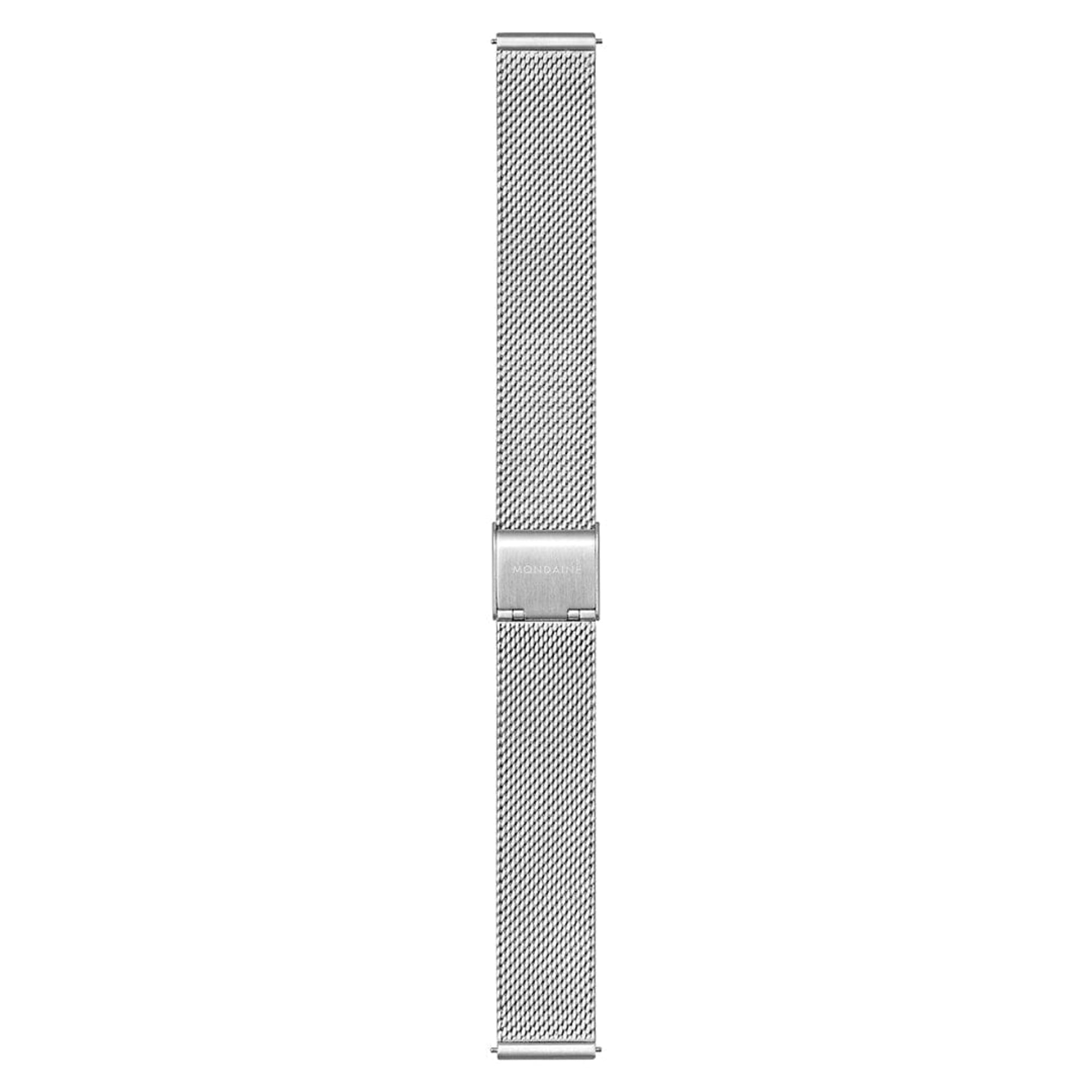 Full vertical shot of Mondaine Evo2 MSE.30210.SM replacement stainless steel mesh strap featuring an engraved logo clasp