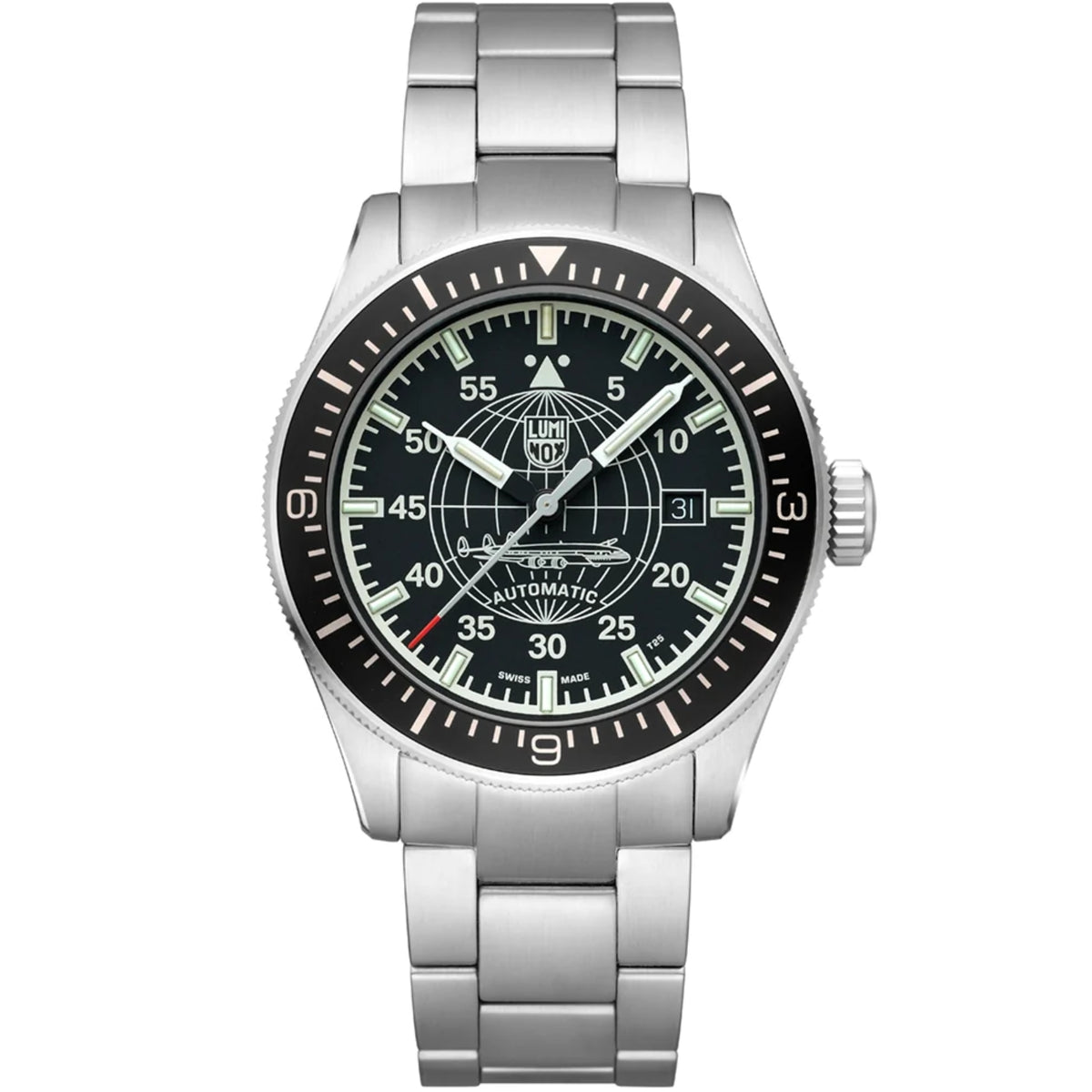 Luminox Constellation 9600 Series XA.9601.M mens automatic watch front view featuring a black dial and stainless steel bracelet