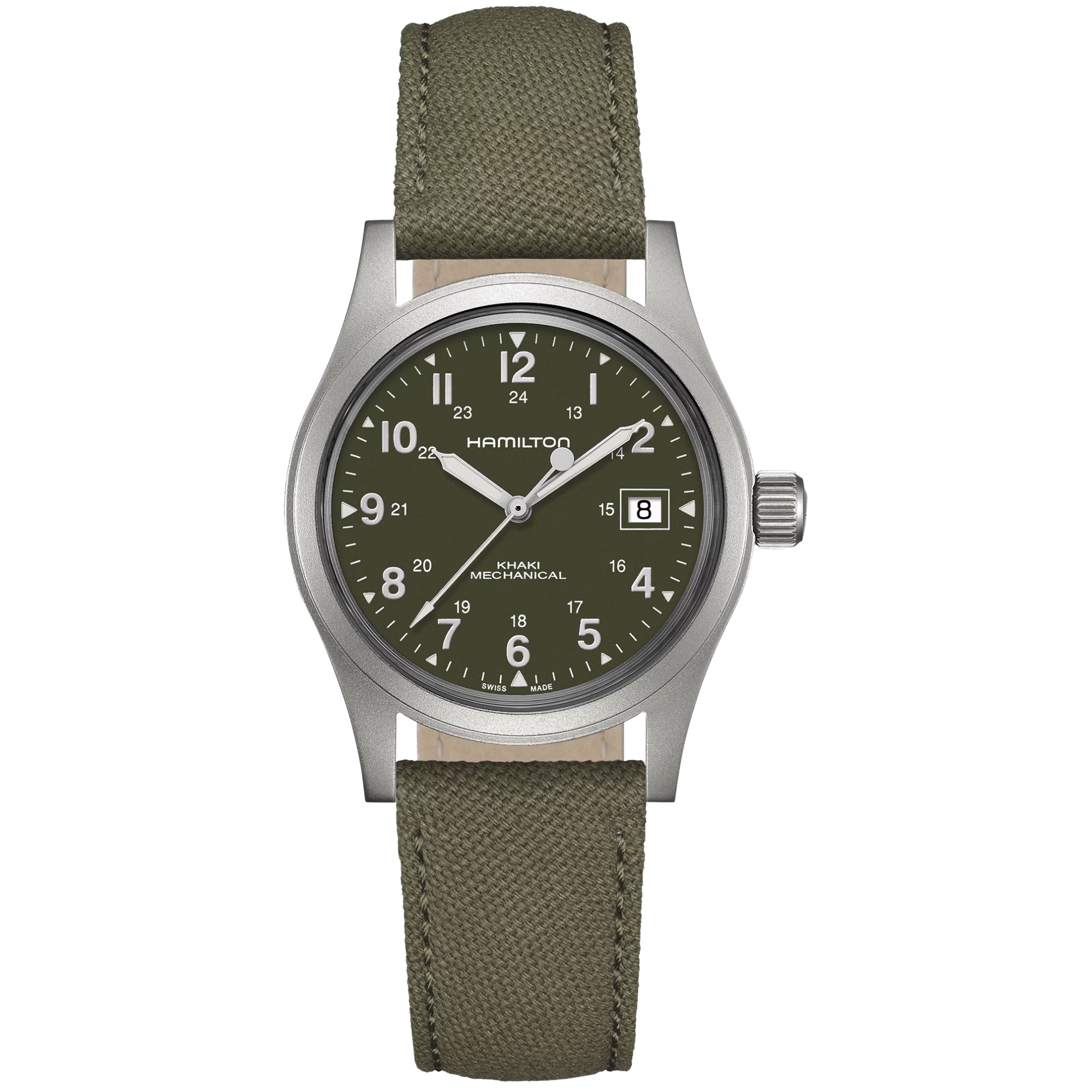 Hamilton Khaki Field 38mm green dial canvas strap mechanical watch H69439363 front view