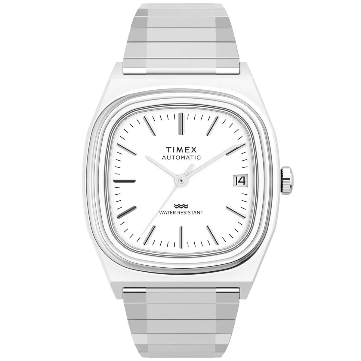 Timex Reissue 1983 E Line TW2W70800 front view featuring cushion-shaped silver dial with date window and steel expansion band