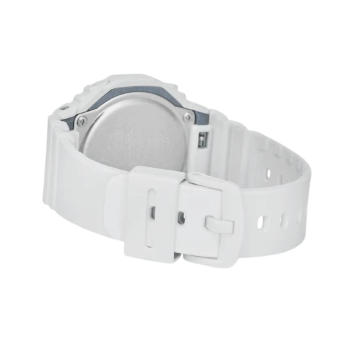 Casio G-Shock GMA-S2100-7AER back view displaying white resin strap buckle and strap keeper
