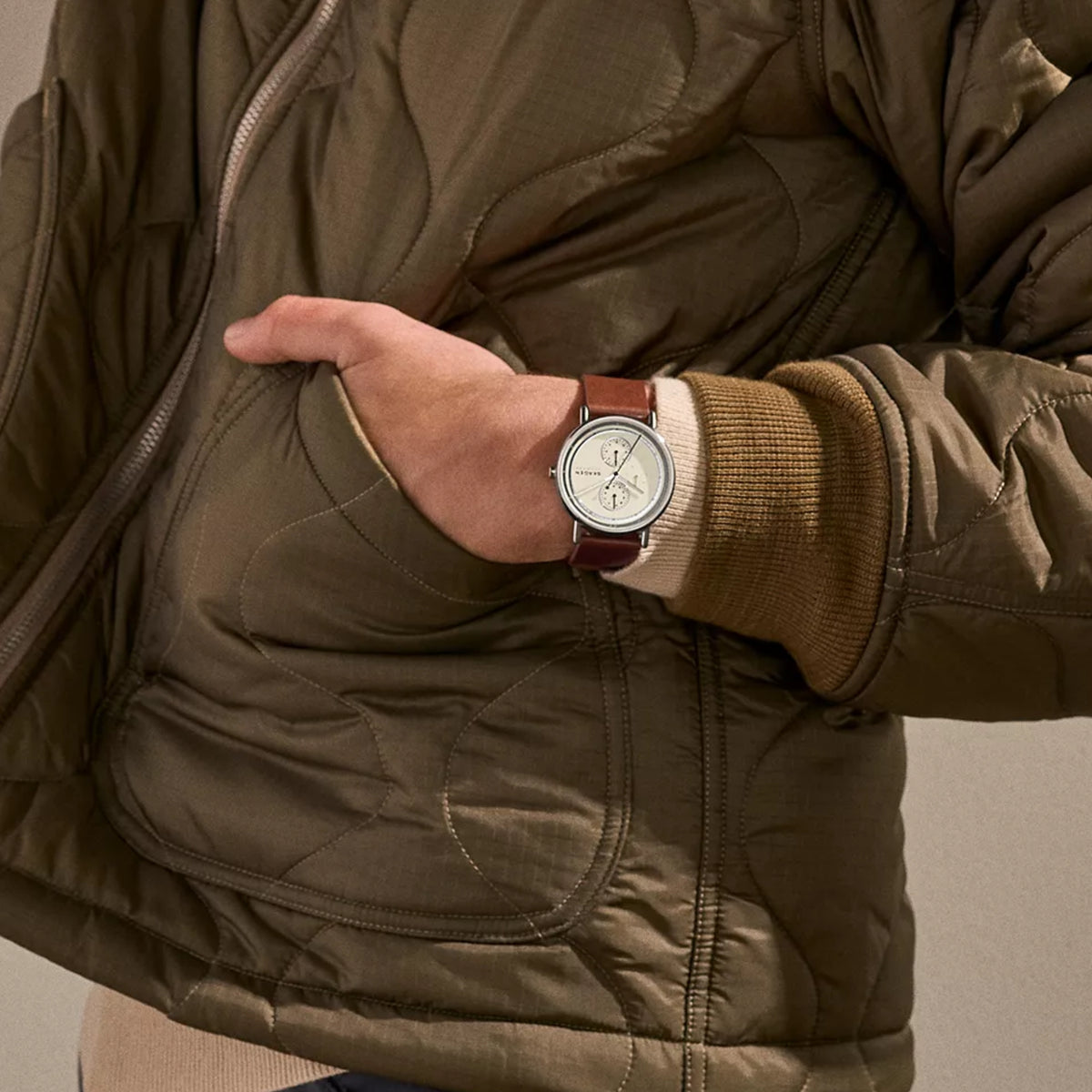 Skagen Signatur Multifunction Cream Dial Leather Strap Men's Watch SKW6942