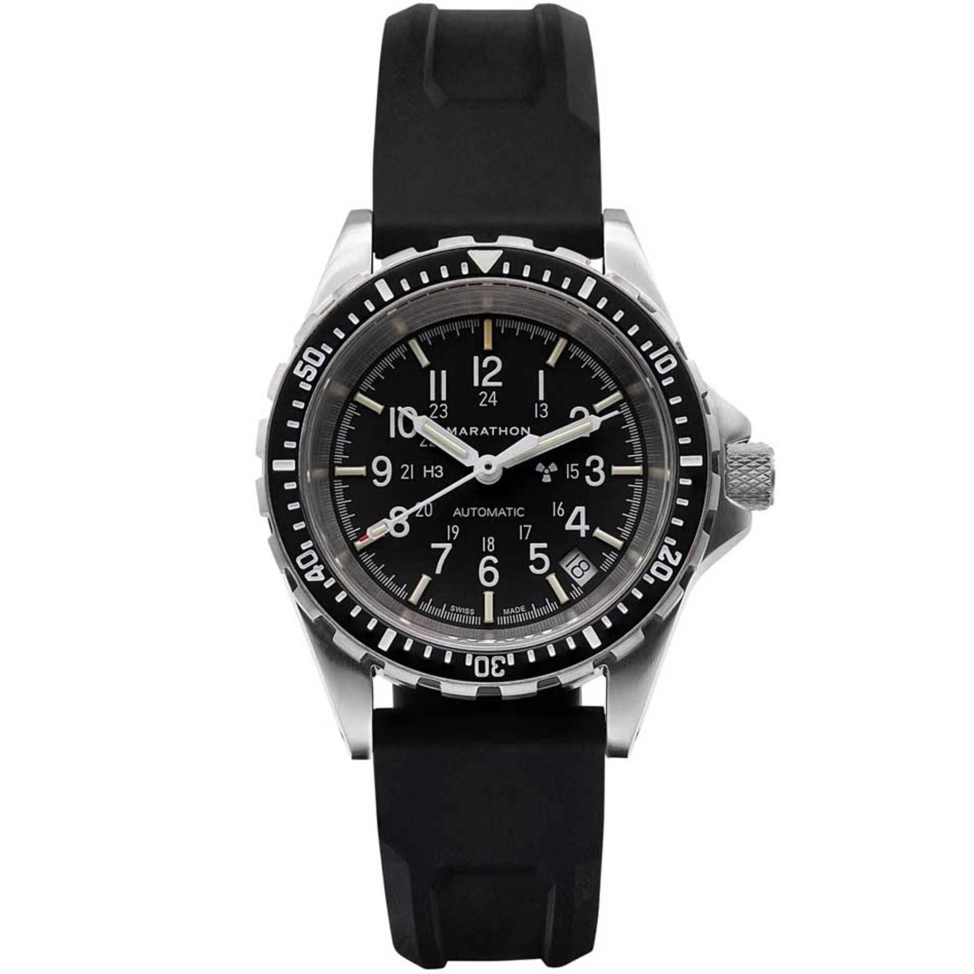 Marathon automatic diver’s watch with black dial, black rubber strap, and stainless bezel